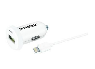 Duracell Single 12V USB 2.4A White With Lightning Cable Car Charger