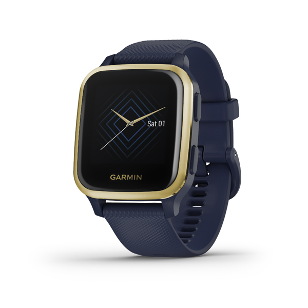 Garmin Venu SQ Music Edition Smartwatch Light Gold Aluminium Bezelwith Navy Case and Silicone Band