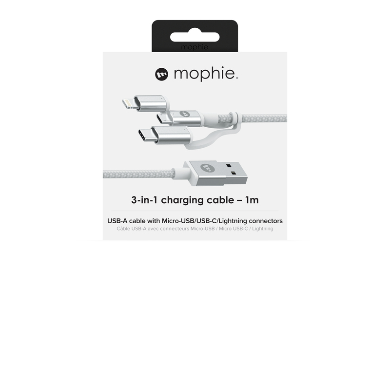 Mophie USB-A to Micro/USB-C/Lightning Cable 1m White