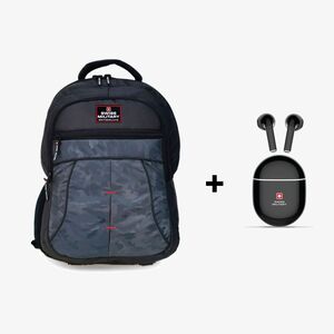 Swiss Military Champ Backpack - Black/Grey Camo + Delta 2 True Wireless Earbuds ENC - Black (Bundle)