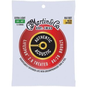 Martin MA180T Authentic Acoustic Lifespan 2.0 Treated 80/20 Bronze Guitar Strings - .010-.047 Extra Light 12-string