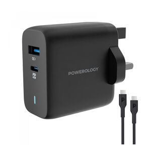 Powerology 63W Ultra-Quick GaN Charger 45W PD & USB-A Quick Charge 18W QC3.0 With 60W Type-C To Type-C Cable