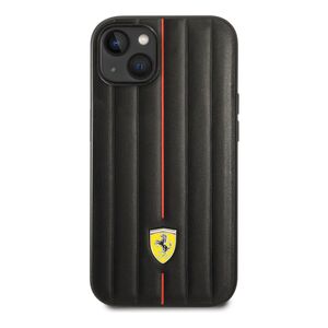 Ferrari Leather Case Embossed Stripes with Yellow Shield Logo iPhone 14 Plus - Black
