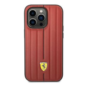 Ferrari Leather Case Embossed Stripes with Yellow Shield Logo iPhone 14 Pro - Red
