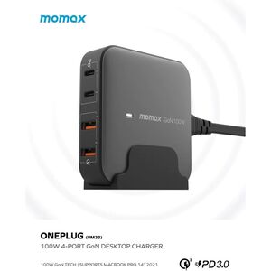 Momax Oneplug 100W 4-Port GaN Desktop Charger - Black