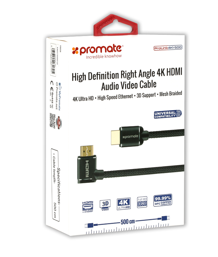 Promate Prolink4k1-500 Black HDMI-Right Angle HDMI Nylon Cable 5M
