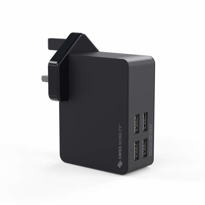 Swiss Mobility 4.8A Quad USB Port Black/Anthracite Travel Charger UK Plug