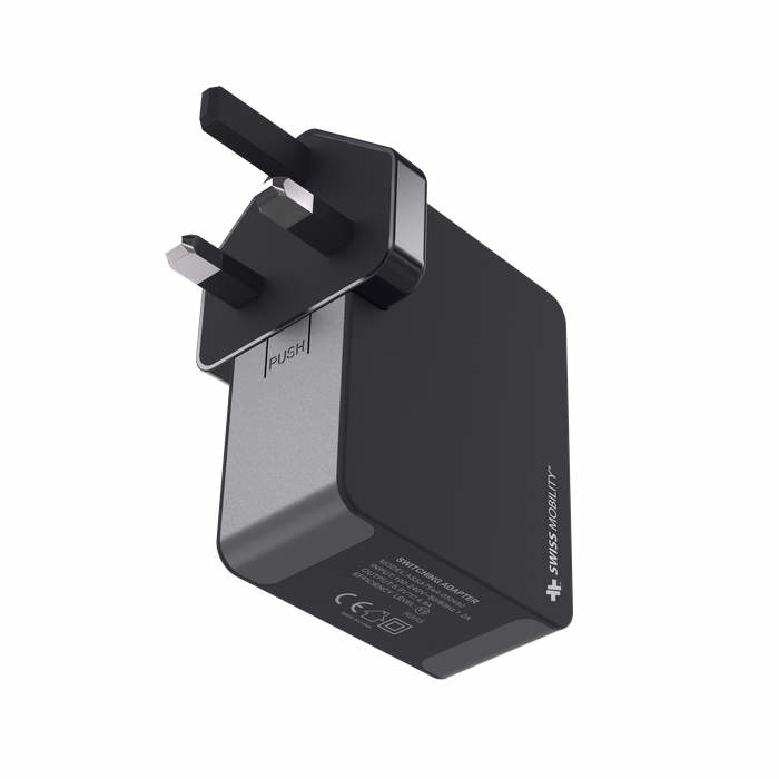 Swiss Mobility 4.8A Quad USB Port Black/Anthracite Travel Charger UK Plug